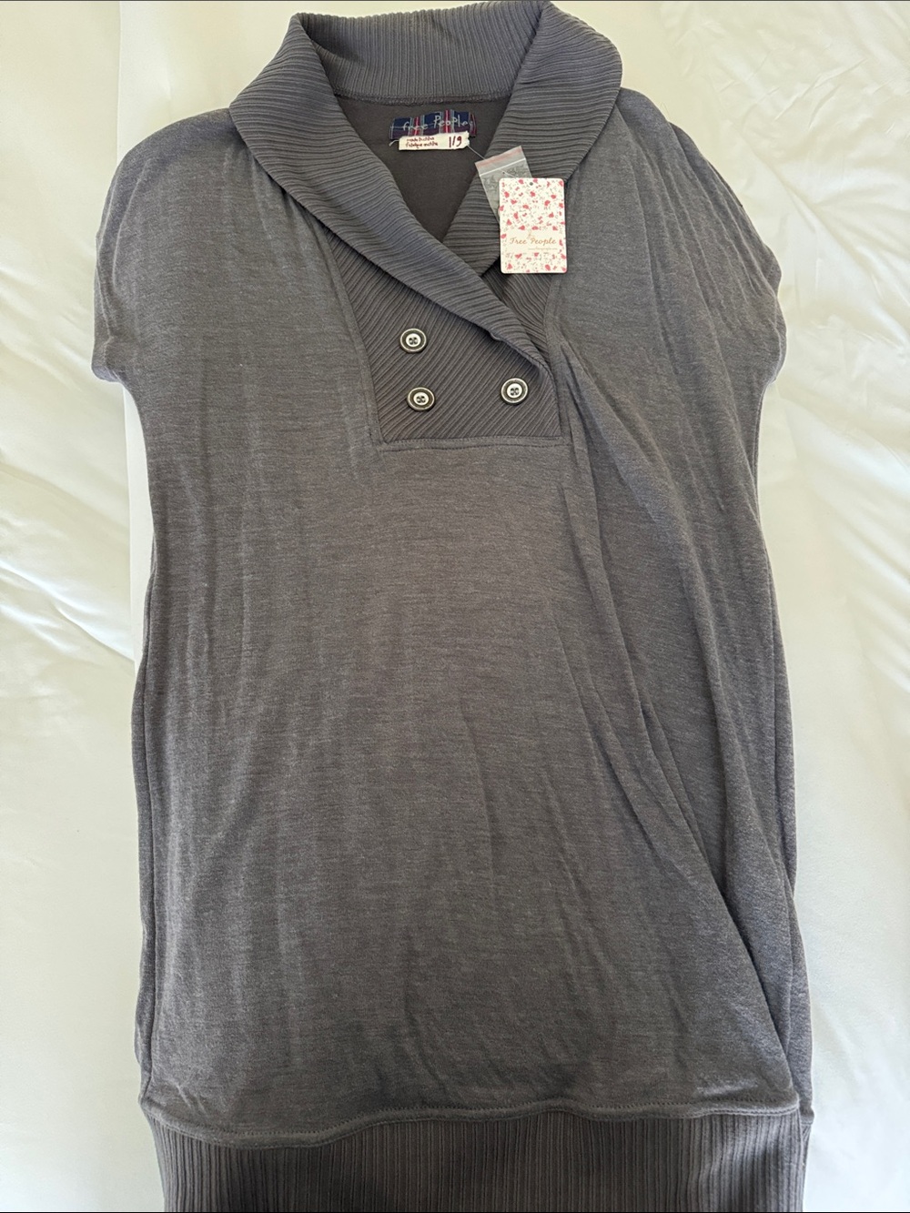 Free People Gray Shawl Collar Short-Sleeve Knit Top with 3-Button Placket